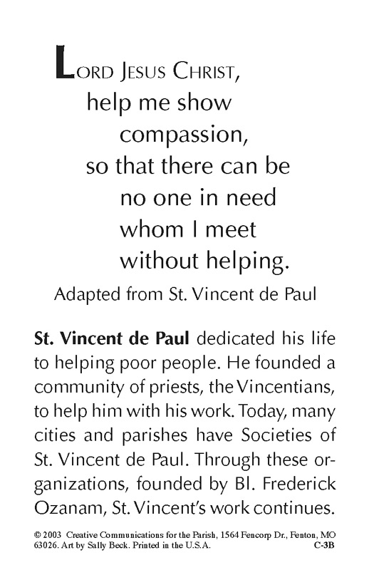 Prayer Card St. Vincent de Paul 50/Pkg MPNC3B Bulletins/Envelopes