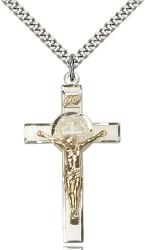  CRUCIFIX Pendant ST. BENEDICT CROSS Sterling & 14K Gold Filled 1-3/4 inch 