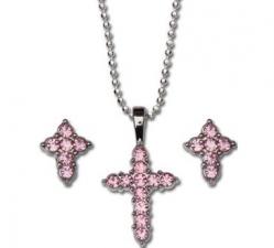  Pendant Cross & Earrings Set Pink 