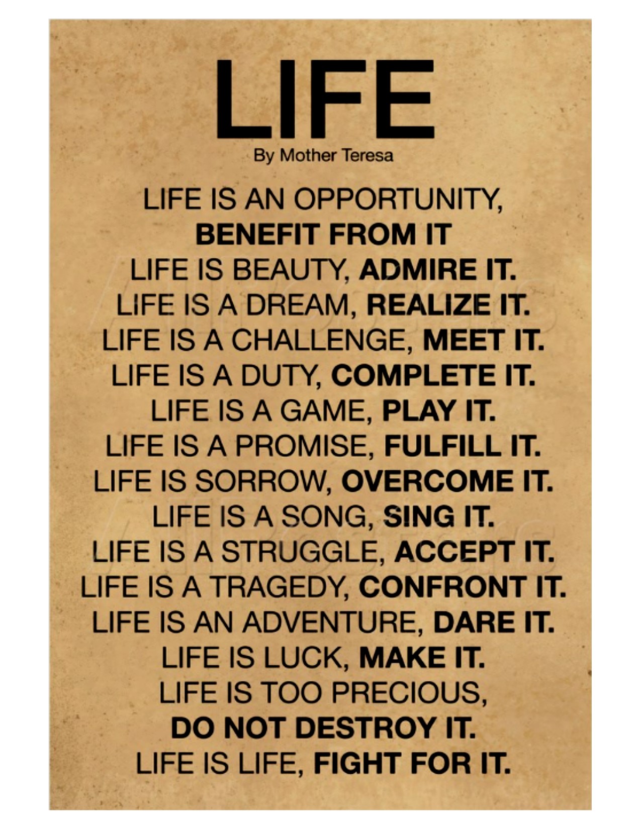 Life Is Mother Teresa Quote Mother Teresa Of Calcutta Quote, Poster / Print 12.5" X 18.5"  Mpn:8921942-Bls Pi - Catholicshop.ca