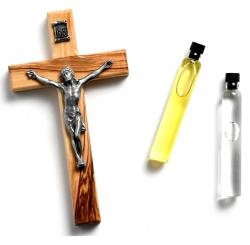 CRUCIFIX OLIVE WOOD 4 inch WITH BETHLEHEM HOLY OIL & WATER 