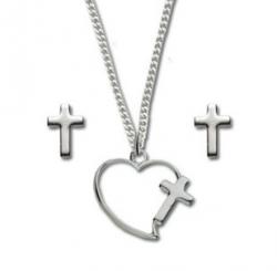  Pendant Cross & Earrings Set Rhodium Plated 