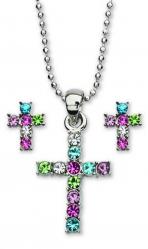  Pendant Cross & Earrings Set Multi Colour 