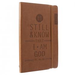  Christian Art Gifts Tan Faux Leather Journal, Be Still and Know - Psalm 46:10, Flexcover Inspirational Notebook W/Elastic Closure 160 Lined Pages W/Sc 
