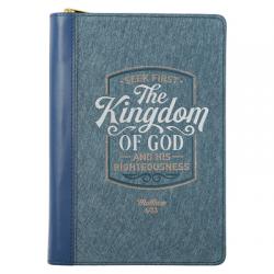  Classic Faux Leather Journal Seek First the Kingdom of God Mathew 6:33 Blue Inspirational Notebook, Lined Pages W/Scripture, Ribbon Marker, Zipper Clo 