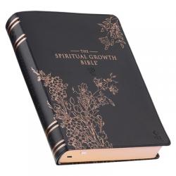  The Spiritual Growth Bible, Study Bible, NLT - New Living Translation Holy Bible, Faux Leather, Black Rose Gold Debossed Floral 