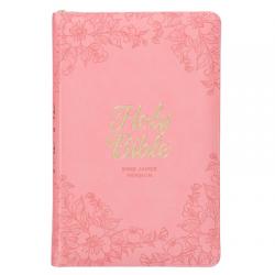  KJV Holy Bible, Standard Size Faux Leather Red Letter Edition - Thumb Index & Ribbon Marker, King James Version, Pink Floral Zipper Closure 
