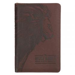  KJV Holy Bible, Standard Size Faux Leather Red Letter Edition - Thumb Index & Ribbon Marker, King James Version, Brown Lion Zipper Closure 