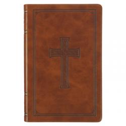  KJV Holy Bible, Standard Size Faux Leather Red Letter Edition Thumb Index, Ribbon Marker, King James Version, Honey Brown Cross Emblem 