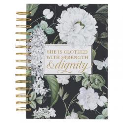  Christian Art Gifts Journal W/Scripture Strength & Dignity Proverbs 31:25 Bible Verse Black Floral 192 Ruled Pages, Large Hardcover Notebook, Wire Bou 