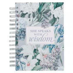  Christian Art Gifts Journal W/Scripture She Speaks with Wisdom Proverbs 31:26 Bible Verse Blue Floral 192 Ruled Pages, Large Hardcover Notebook, Wire 
