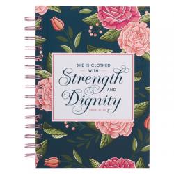  Christian Art Gifts Journal W/Scripture Strength & Dignity Proverbs 31:25 Bible Verse Navy Floral 192 Ruled Pages, Large Hardcover Notebook, Wire Boun 