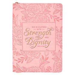  Christian Art Gifts Scripture Journal Pink Strength & Dignity Proverbs 31:25 Bible Verse Inspirational Faux Leather Notebook, Zipper Closure, 336 Rule 