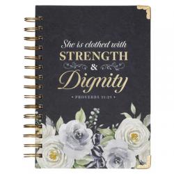  Christian Art Gifts Blue Journal W/Scripture Floral Strength & Dignity Large Bible Verse Notebook, 192 Ruled Pages, Prov. 31:25 Bible Verse 