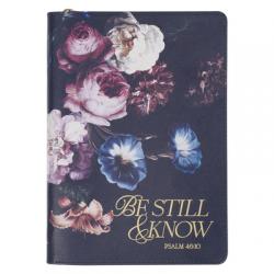  Christian Art Gifts Navy Blue Vegan Leather Zipped Journal, Inspirational Women\'s Notebook Be Still Scripture, Flexible Cover, 336 Ruled Pages, Ribbon 
