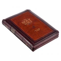  KJV Holy Bible, Compact Faux Leather Red Letter Edition - Ribbon Marker, King James Version, Burgundy/Saddle Tan, Zipper Closure 