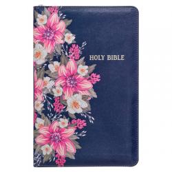  KJV Holy Bible Standard Size Faux Leather Red Letter Edition Thumb Index & Ribbon Marker, King James Version, Blue Floral, Zipper Closure 