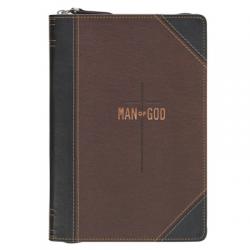  Christian Art Gifts Inspirational Zippered Journal, Man of God Wide Ruled Notebook, 1 Tim. 6:11 Bible Verse, Two Tone Brown/Black Vegan Leather, 336 L 
