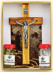  CRUCIFIX OLIVE WOOD 4 inch WITH BETHLEHEM HOLY OIL & WATER 