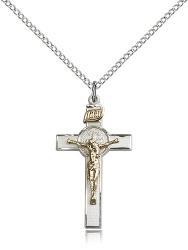  CRUCIFIX Pendant ST. BENEDICT CROSS Sterling & 14K Gold Filled 1-1/8 inch 