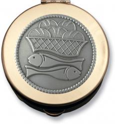  Pyx with Pewter Loaves and Fishes Motif Holds 7 Hosts 