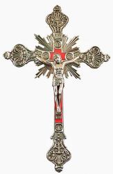  Crucifix 8\" Silver Metal, Red Inlay 